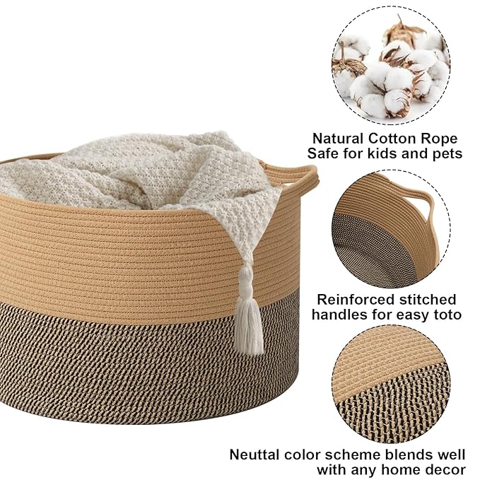 115L Extra Large Blanket Basket, Woven Rope Laundry Basket Hamper - Image 3