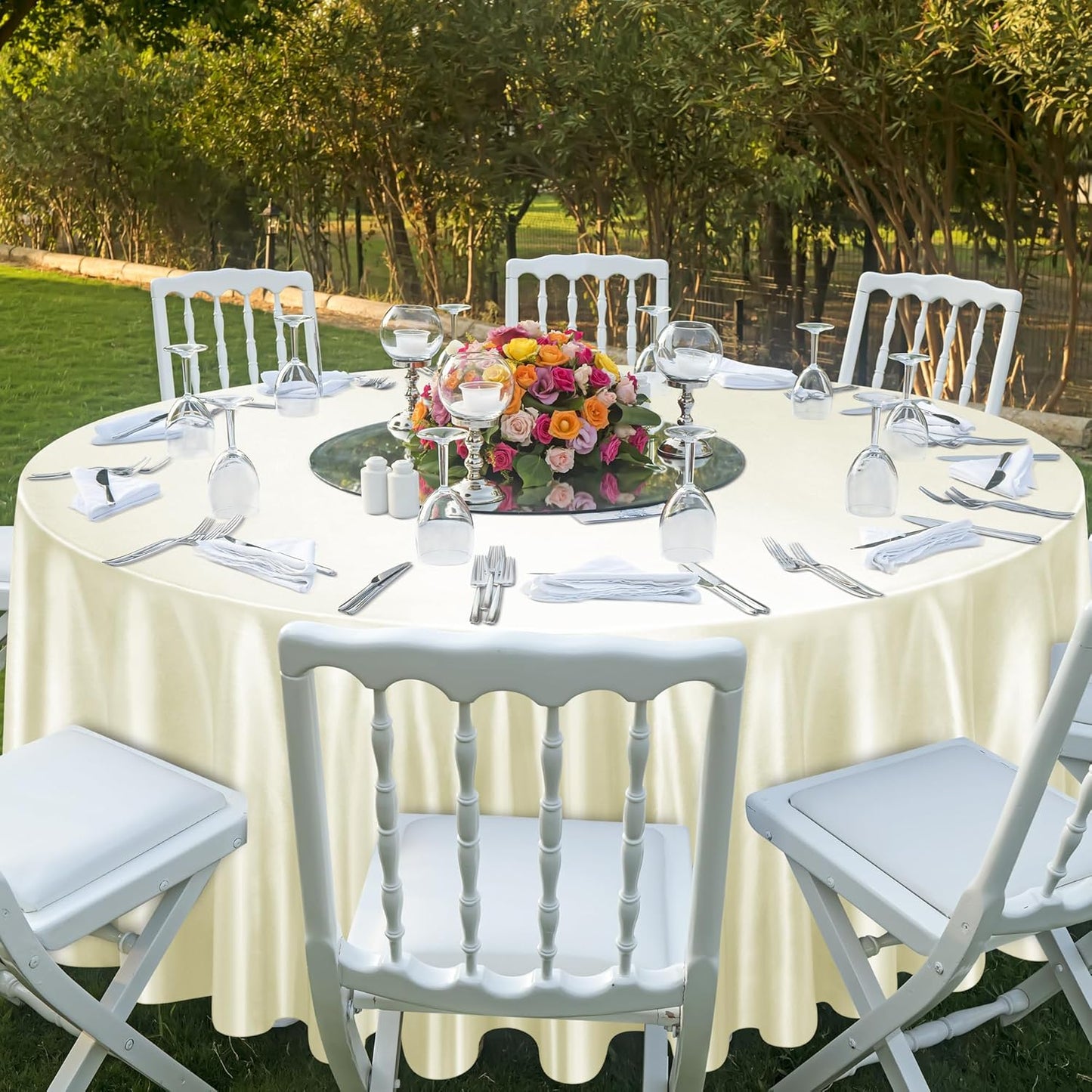 Ruisita 120 Inches Round Satin Tablecloths Ivory Overlay Round Satin Table Cover Bright Silk Smooth Fabric Tablecloth for Wedding Banquet Tables Decoration