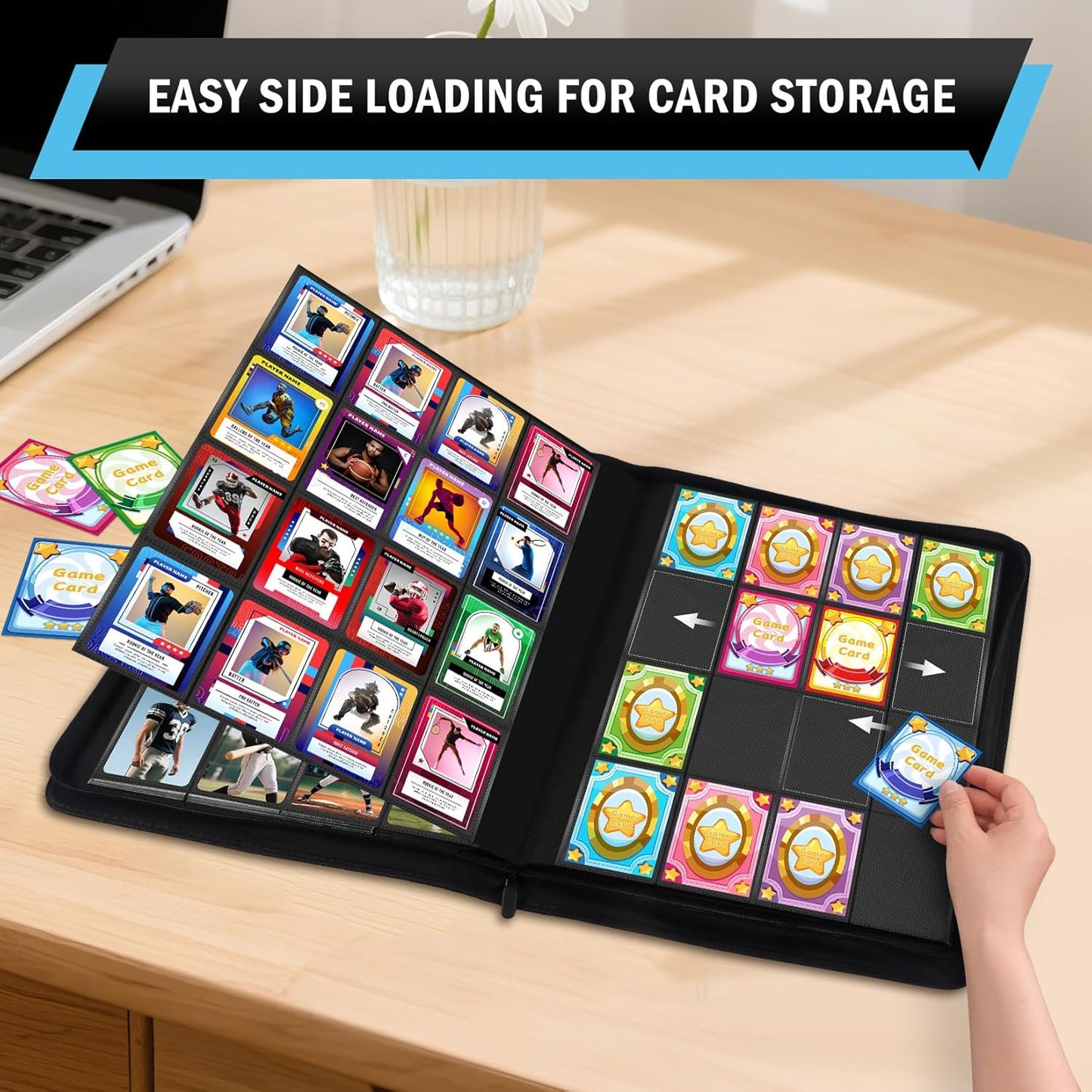 16 Pocket Card Binder, 1000+ Premium Zip Trading Card Binder, Double-sided Side Loading Card Collection Binder Album, Durable Leather Cover, Ringless Card Folder for Gifts, MTG, TCG, Sport Cards, Blue