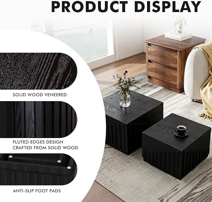 Black Nesting Tables for Living Room, Square Nesting Coffee Table Farmhouse - Image 3