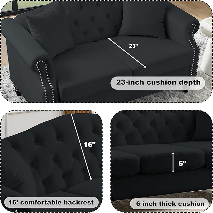 57" Chesterfield Black Velvet 2-Seater Sofa - Image 4
