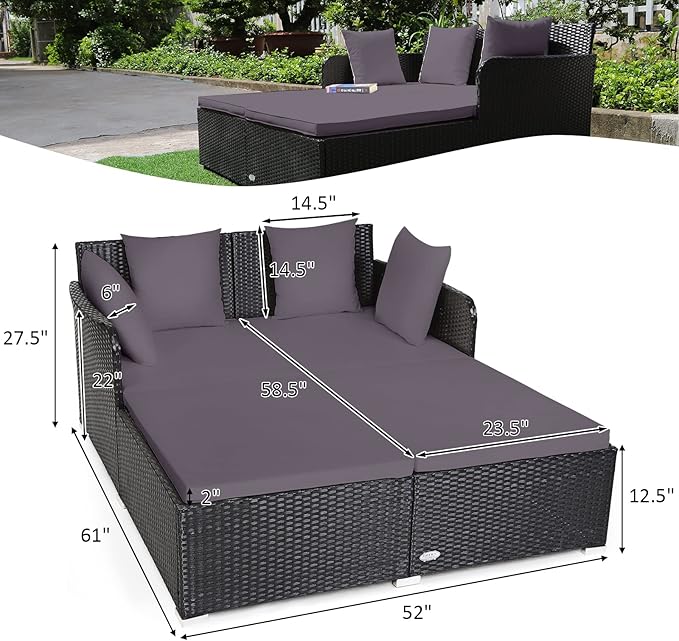 Tangkula Outdoor Rattan Daybed, Sunbed Wicker Furniture w/Spacious Seat - Image 4