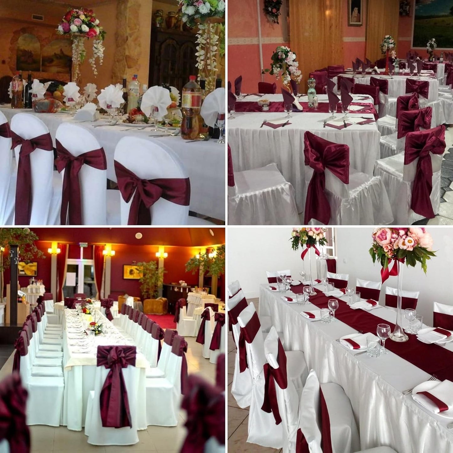 100 PCS Satin Chair Sashes Decorative Bow Satin Chair Sashes Ties Seat Ribbon Bows Chairs Cover Band for Wedding Party Event Ceremony Reception Holiday Banquet Home Kitchen Decor(7 x108 inch,Burgundy)