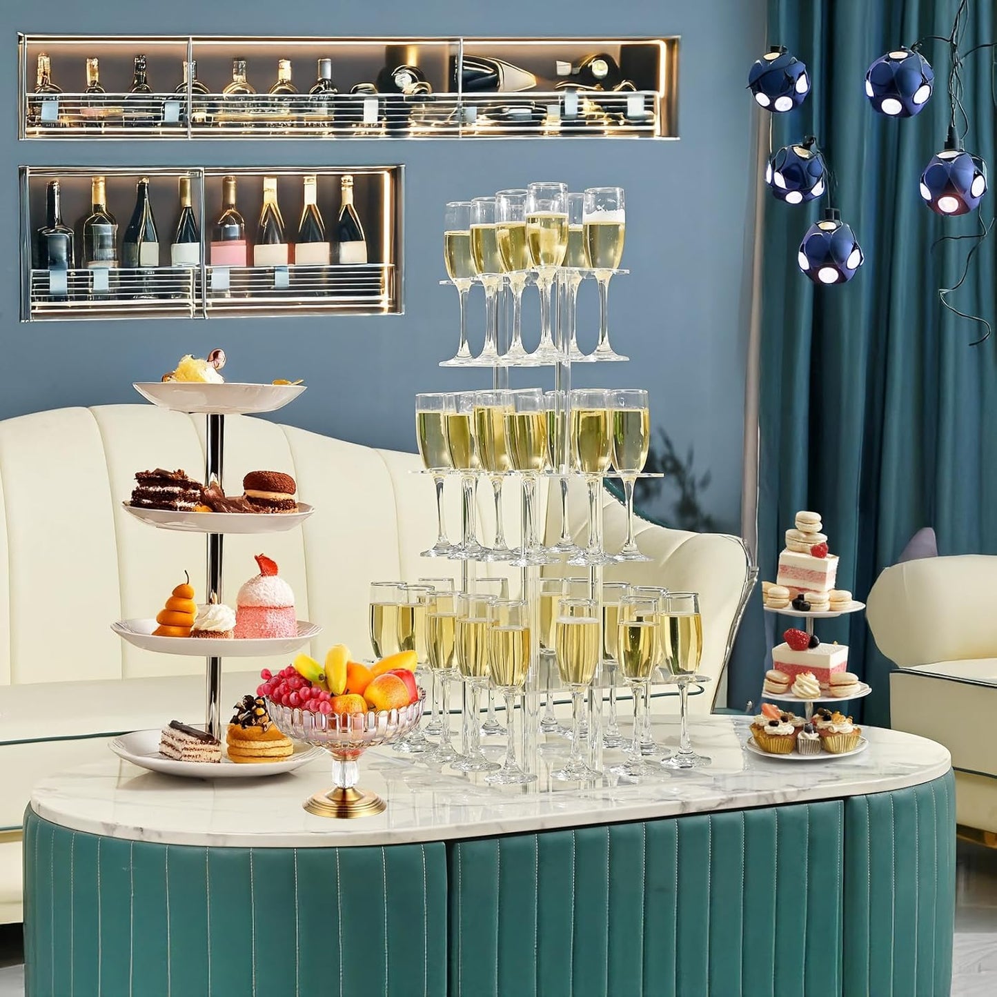 Champagne Tower, Rectangle Acrylic Champagne Display Rack Stand with 32 Slots, 3 Tier Floating Sight Champagne Flute Holder for Party, Wedding, School, Celebration, 17.3x11.8x25.5inch, 2 Pcs