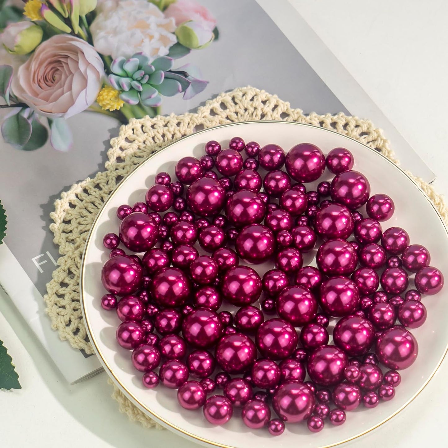 150Pcs Wine Red Polished No Hole Faux Pearl Beads for Vase Filling Decorations, Plastic Pearls Vase Fillers, Table Scatters, Wedding Centerpiece, Home Decor, 8/14/20 mm