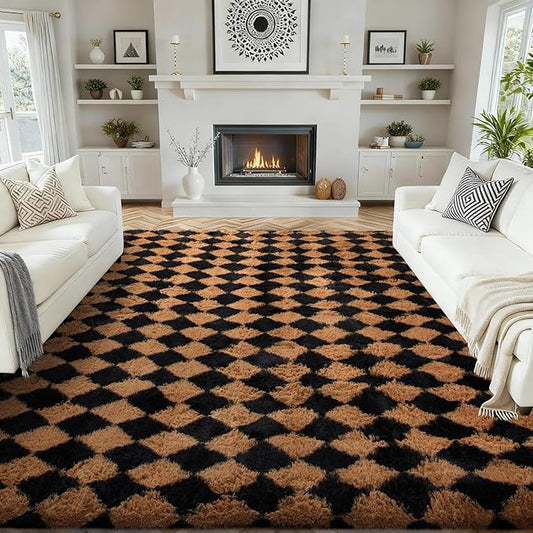 Ophanie 8x10 Black & Beige Diamond Checkered Rugs by Ophanie