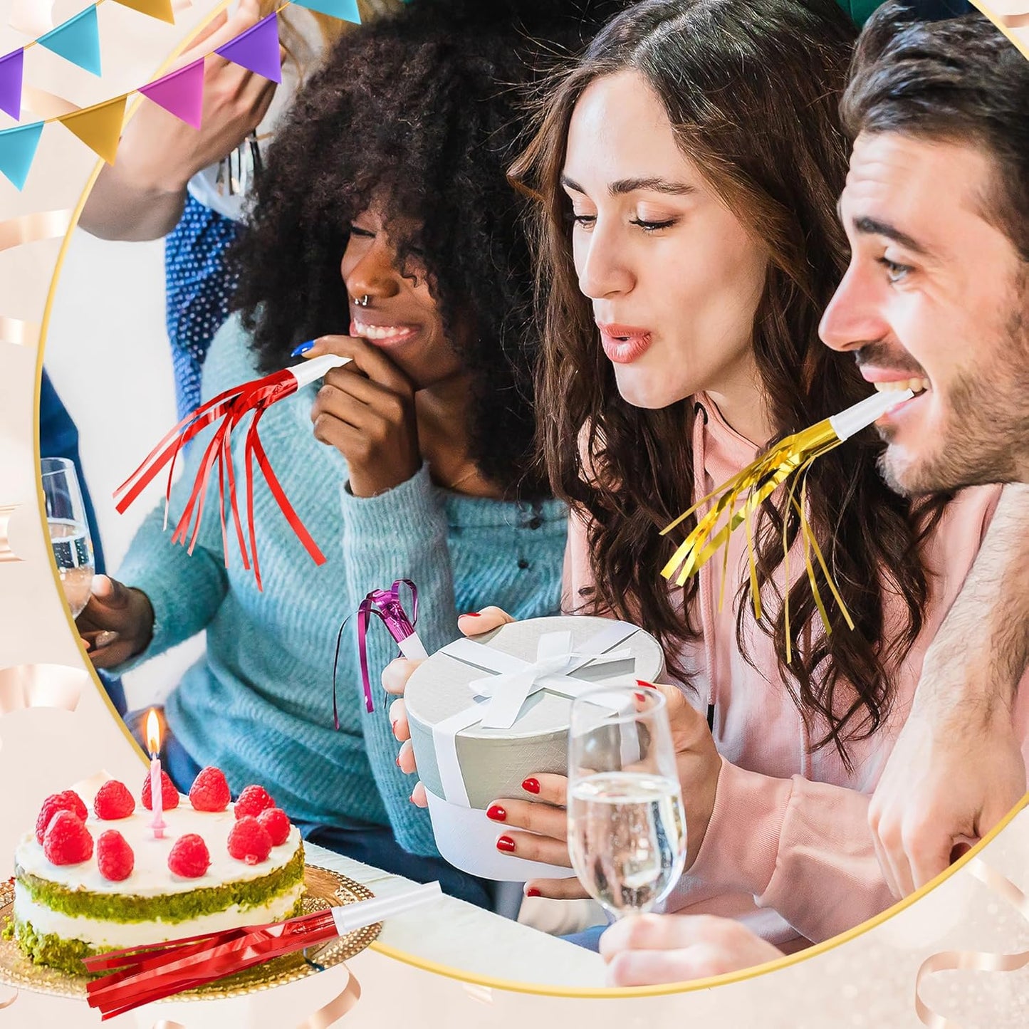 12 Pcs Glitter Noise Makers Metallic Fringed Party Blower for Adults Birthday Graduation New Years Party Favors Supplies (Red)