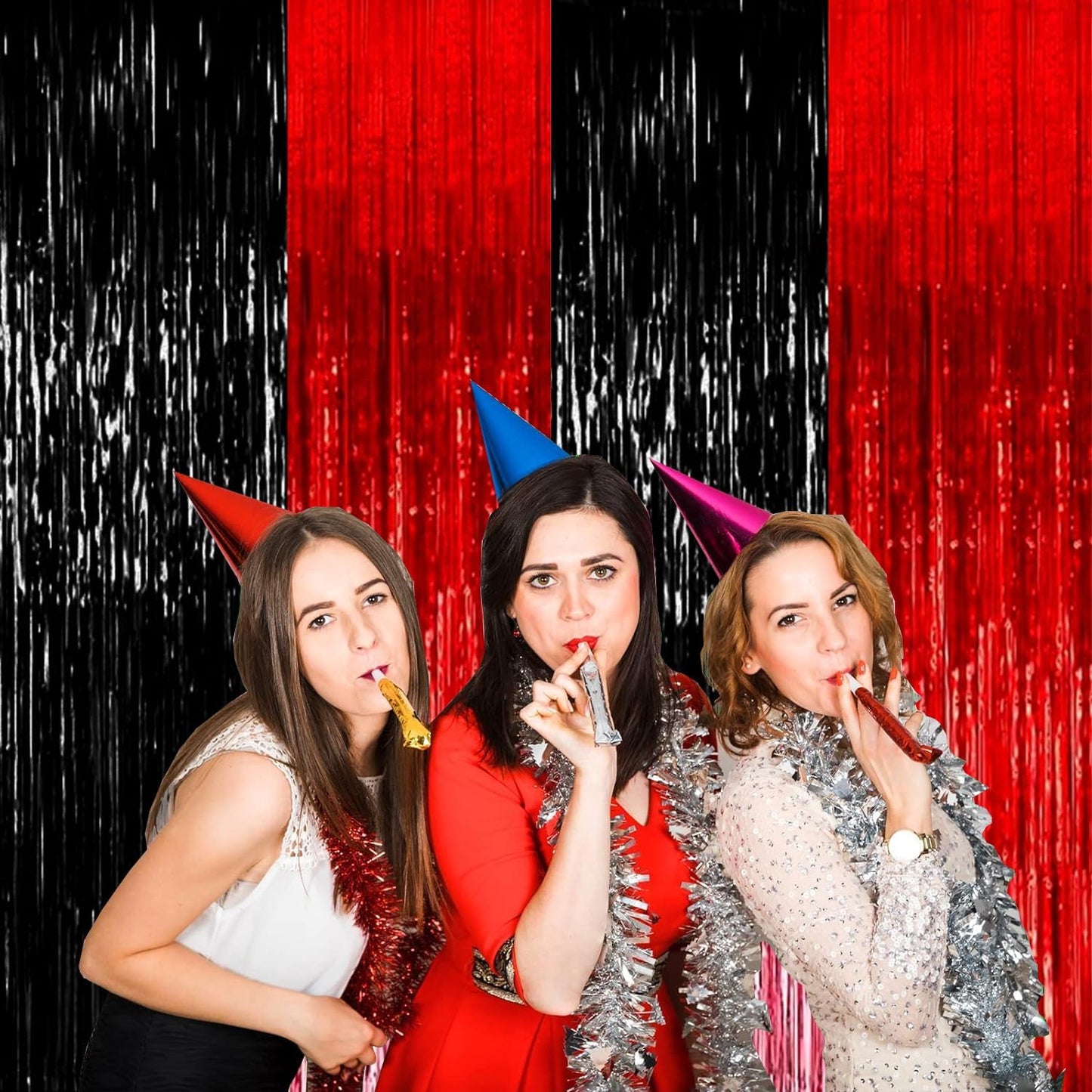 4P Metallic Foil Fringe Tinsel Table Skirts for Rectangle Tables Backdrop Banner Streamer Garland Curtains for Parade Floats Wedding Graduation Anniversary Birthday Parties Decoration (Black Red)