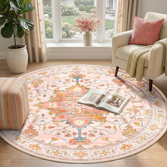 RELEANY Area Rugs Round 4ft Washable Non-Slip, Floral Vintage Distress Print - Image 2