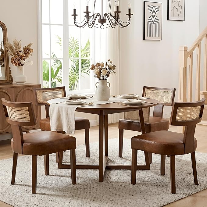 HNY Mid Century Modern Rattan Dining Chairs Set of 6, Farmhouse PU Leather - Image 7