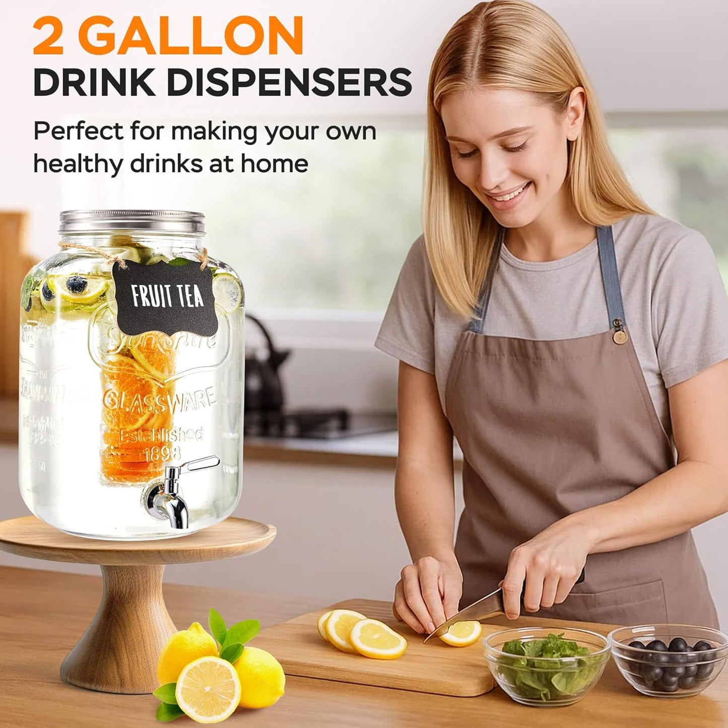 2 Gallon Glass Drink Dispenser for Parties, Beverage Dispenser, Lemonade Dispenser with 18/8 Stainless Steel Spigot, Leakproof for Sun Tea, Juice, Picnic, BBQ & Bars