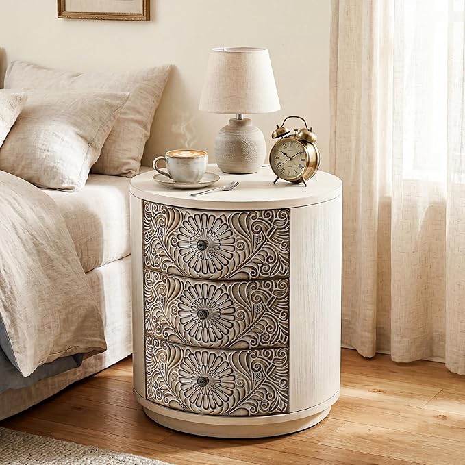 HOMPUS Round End Table with Carved Floral Pattern, Vintage Nightstand w 3 by HOMPUS