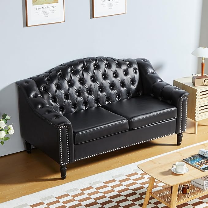LEVNARY Chesterfield Loveseat Leather, Upholstered Sofa - Image 3