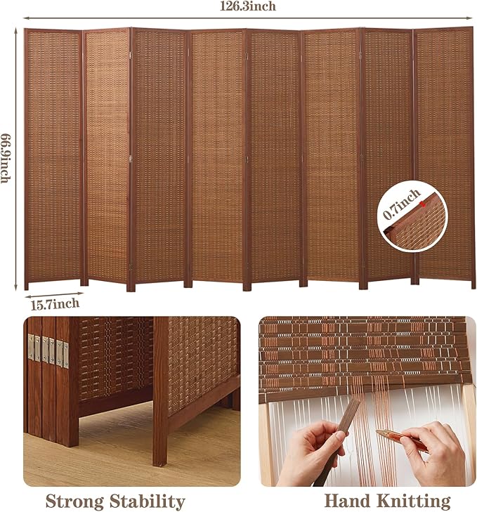 8 Panel Room Divider and Extra Wide Folding Privacy Screen, Bamboo Room Divider - Image 3