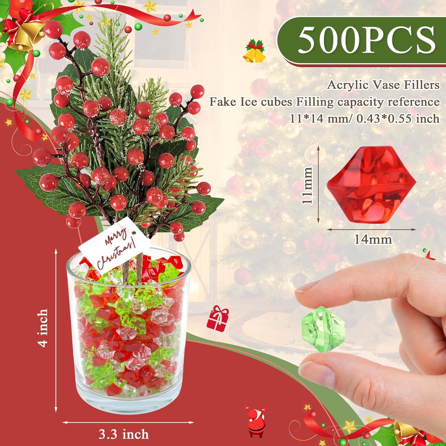 YATOJUZI 500pcs Fake Ice Cubes Christmas Decor Acrylic Crushed Rocks Vase Fillers Plastic Diamonds Gems for DIY Xmas Party Centerpiece Table Scatter Prop Display 0.5"