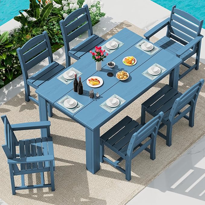 SERWALL HDPE Dining Set for 6: 1 Umbrella Hole Table, 4 Armless + 2 Armchairs. by SERWALL