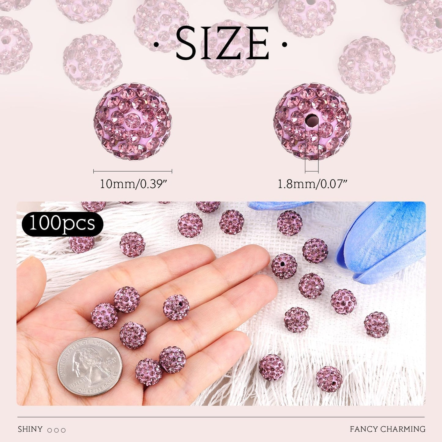 100pcs 10mm Rhinestone Beads for Jewelry Making, Light Purple Shiny Round Shamballa Disco Beads Bulk, Sparkle Crystal Clay Christmas for Bracelet Baseball Necklace Earring Crafting and DIY
