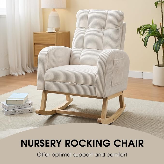NIOIIKIT Nursery Rocking Chair, Corduroy Upholstered Rocking Chair - Image 4