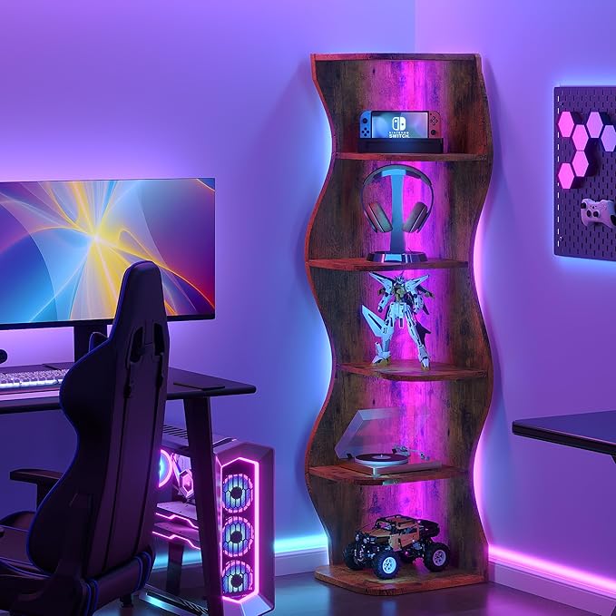 VECELO Wavy Corner Shelf with LED Light, Decorative 6-Tier Corner Display - Image 3
