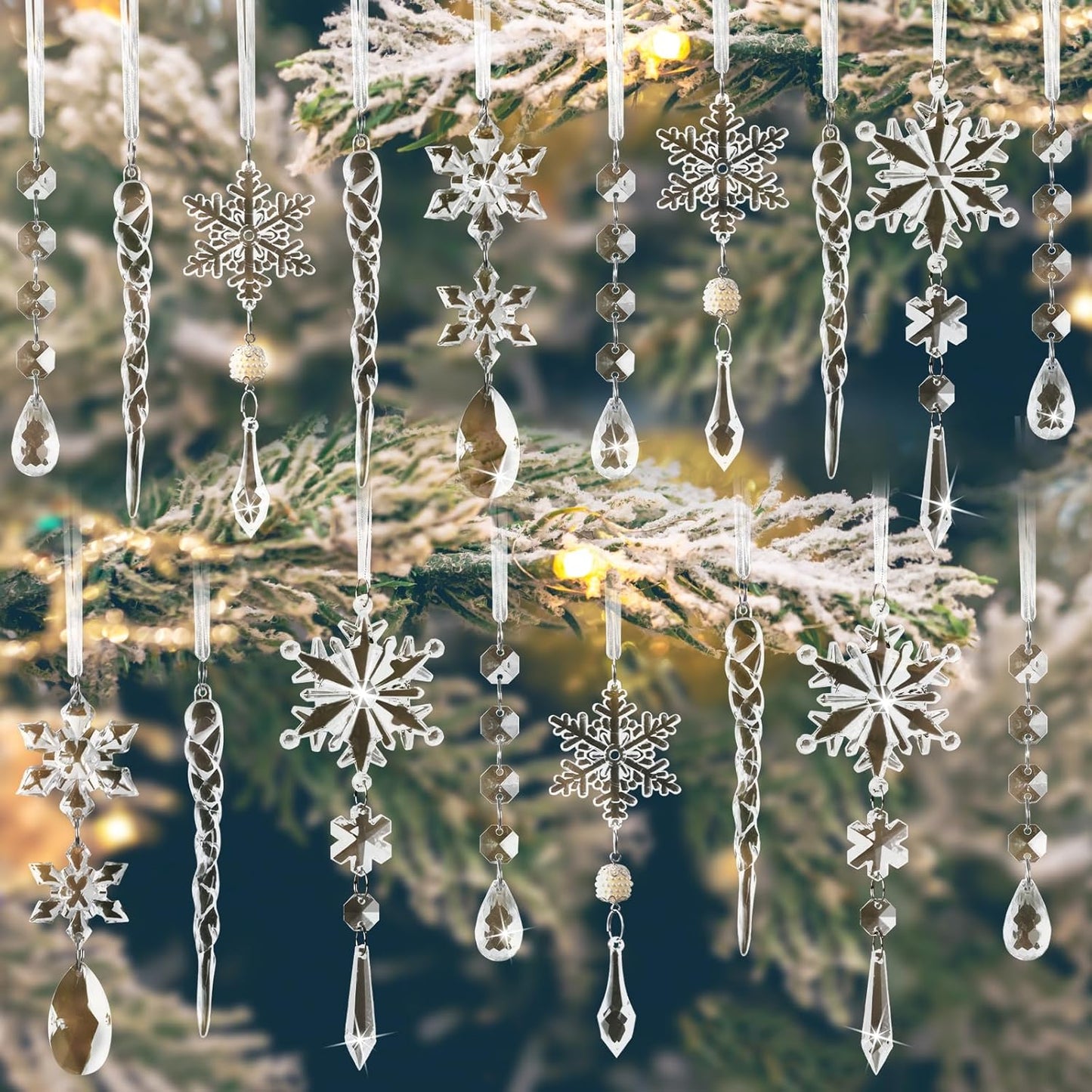 Christmas Tree Decorations 18Pcs, Acrylic Crystal Ornaments for Christmas Tree- Hanging Christmas Snowflake Decorations for Xmas Decor, Weddings, Frozen Birthday Parties