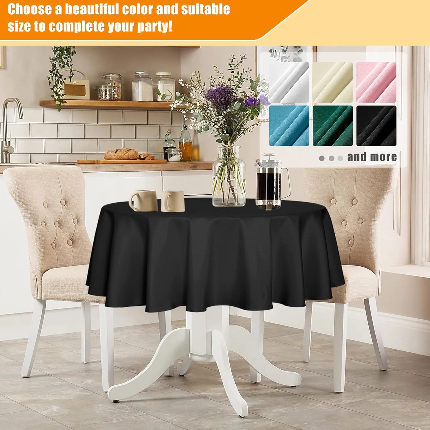 Fitable Black Round Tablecloth 70 inch, Stain and Wrinkle Resistant Washable Polyester Table Cloth for Dining Buffet Parties and Camping