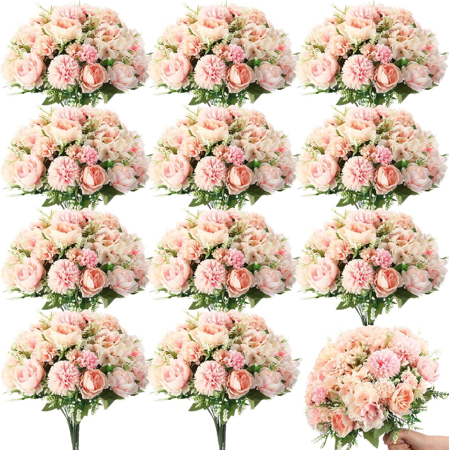 Tigeen Artificial Flowers Artificial Peonies Silk Flowers Faux Peony Fake Peony Silk Hydrangea Bouquet for Wedding Table Centerpiece Floral Vase Decor(Pink,24 Bundles)
