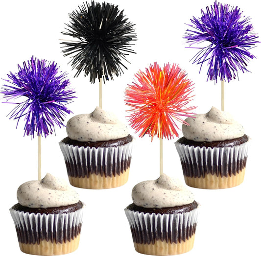 Gyufise 30Pcs Foil Firework Cupcake Toppers Sparkle Tinsel Cake Toppers Tinsel Drink Cake Decoration Cocktail Picks for Halloween Birthday Wedding Graduation Party Supplies Purple Black Orange