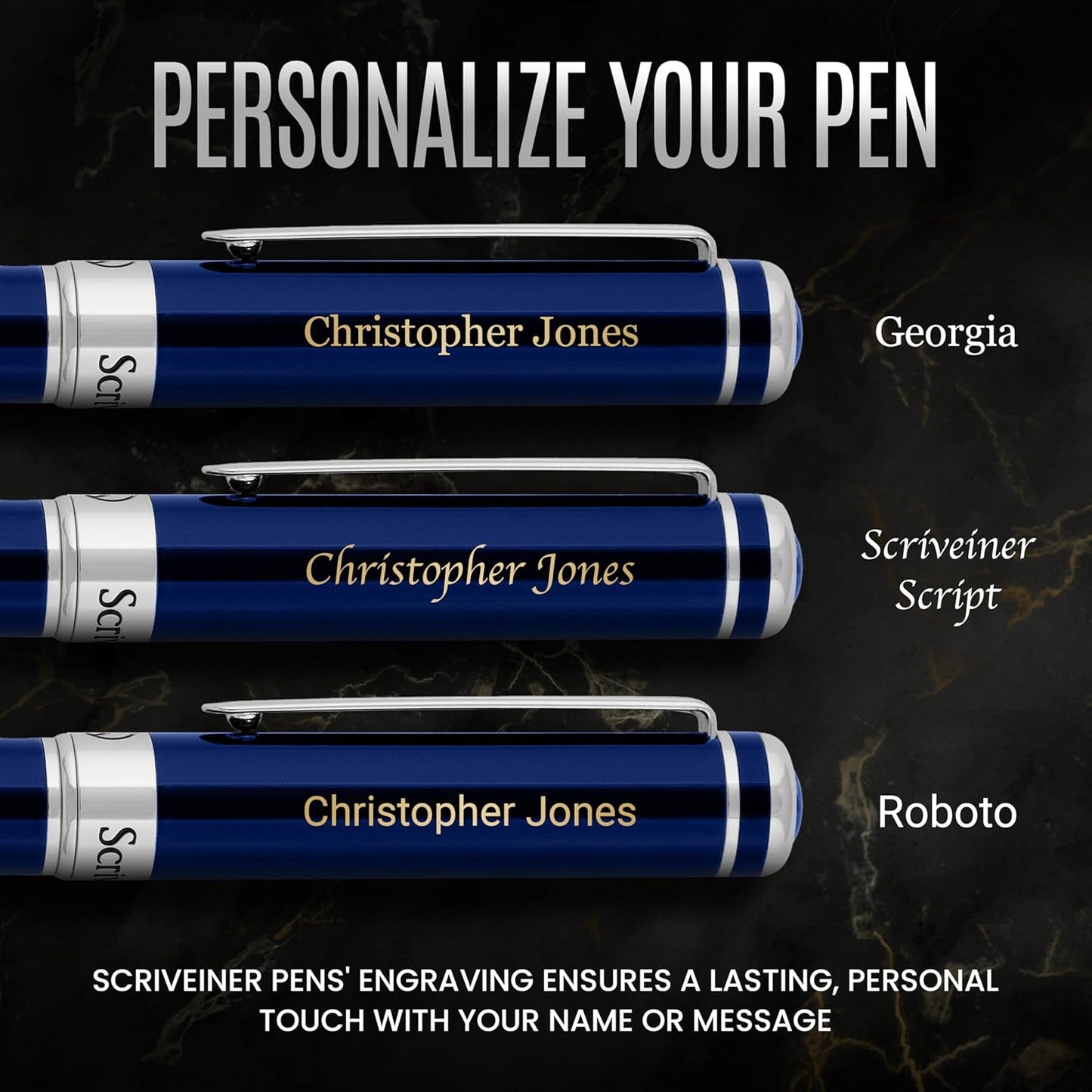 Scriveiner Personalized Midnight Blue Pen - Stunning Blue Lacquer Luxury Pen, Chrome Finish, German Schmidt Nib (Medium), Best Engraved Fountain Pen Gift Set for Men & Women, Name Engraving