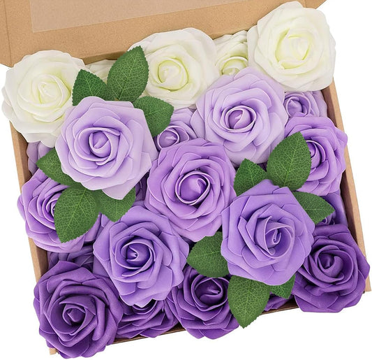N&T NIETING Artificial Flowers, 25pcs Fake Flowers Rose with Stems Perfect for DIY Wedding Bridesmaid Bridal Bouquets Centerpieces Home Flower Arrangement Decoration, Series Purple