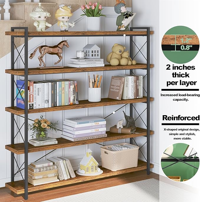 HCHQHS Large Bookshelf, 5-Tier Long Industrial Bookcase, Rustic Brown Book Shelf - Image 5