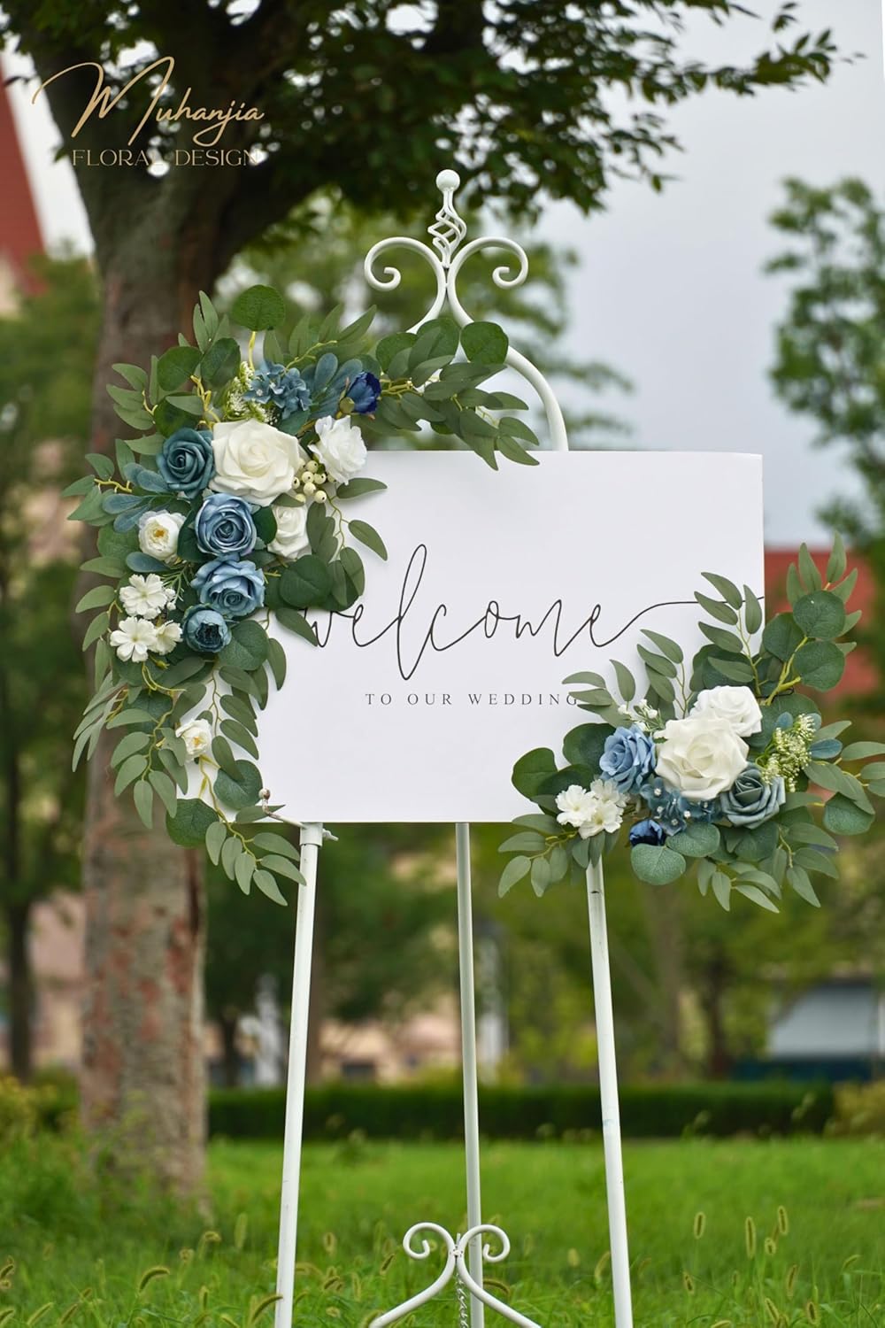 Wedding Sign Faux Flower Swag (Pack of 2) for Ceremony Party Reception Entrance Floral Decor Wall Easel Stand for Wedding Poster Welcome Sign(Blue)