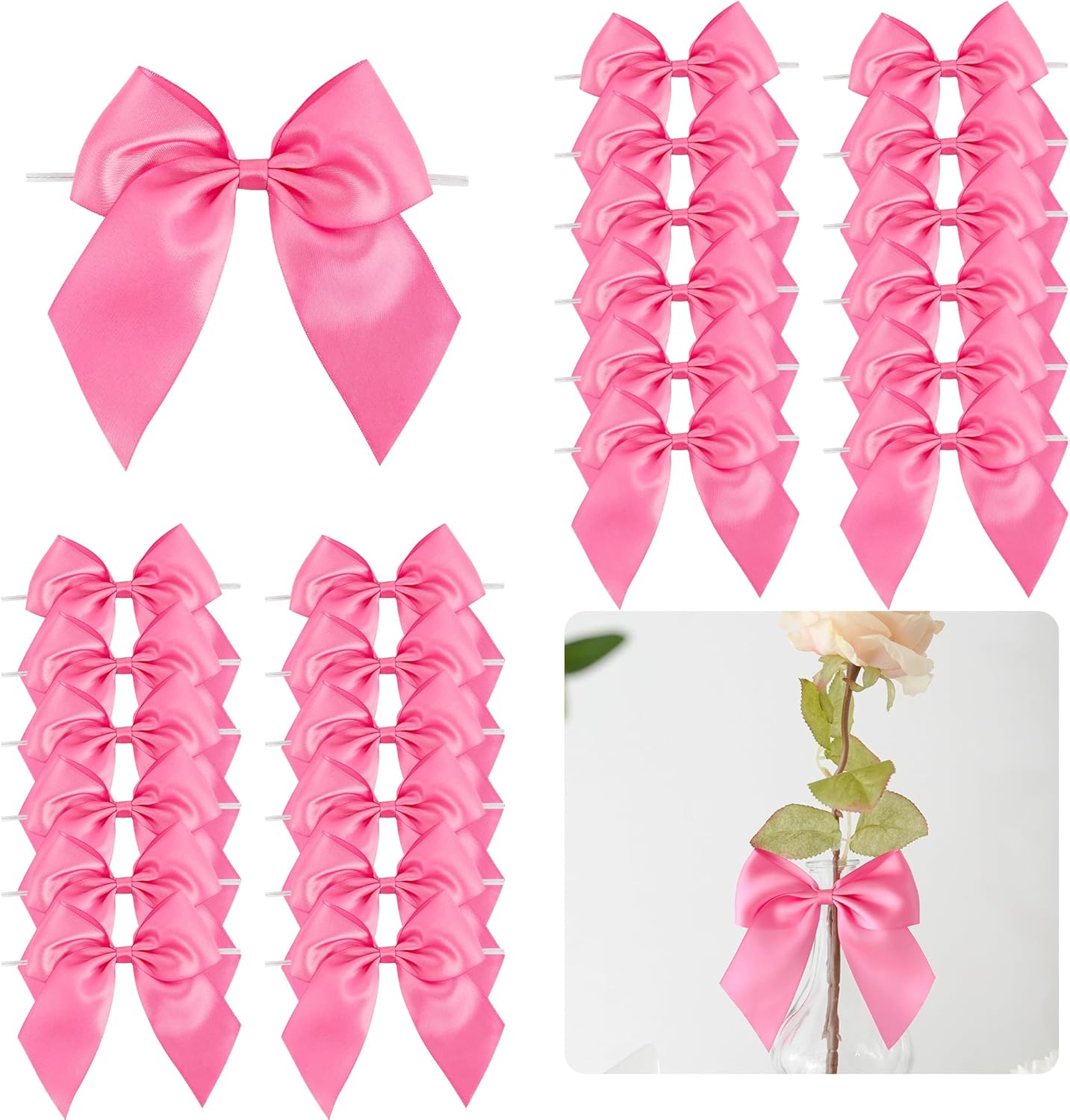 5'' Hot Pink Bow Party Decorations Satin Bows, Twist Tie Bows for Treat Bags, Cake Pops, Pre-Tied Bow Premade Ribbon Bows for Crafts, Holiday Bows for Gift Wrapping, Wedding Decor-24 Counts