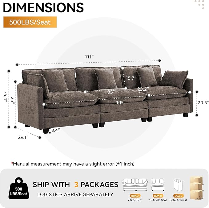 111'' Sectional Cloud Deep Seat Couch, Modern Comfy Chenille Modular Sectional - Image 2
