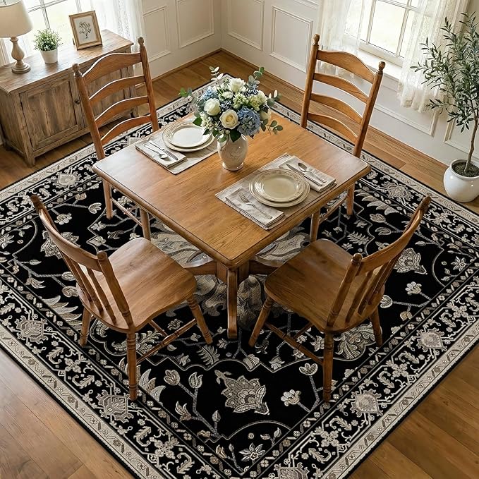 RELEANY Area Rugs Square 7ft Washable Non-Slip, Floral Vintage Distress Print by RELEANY