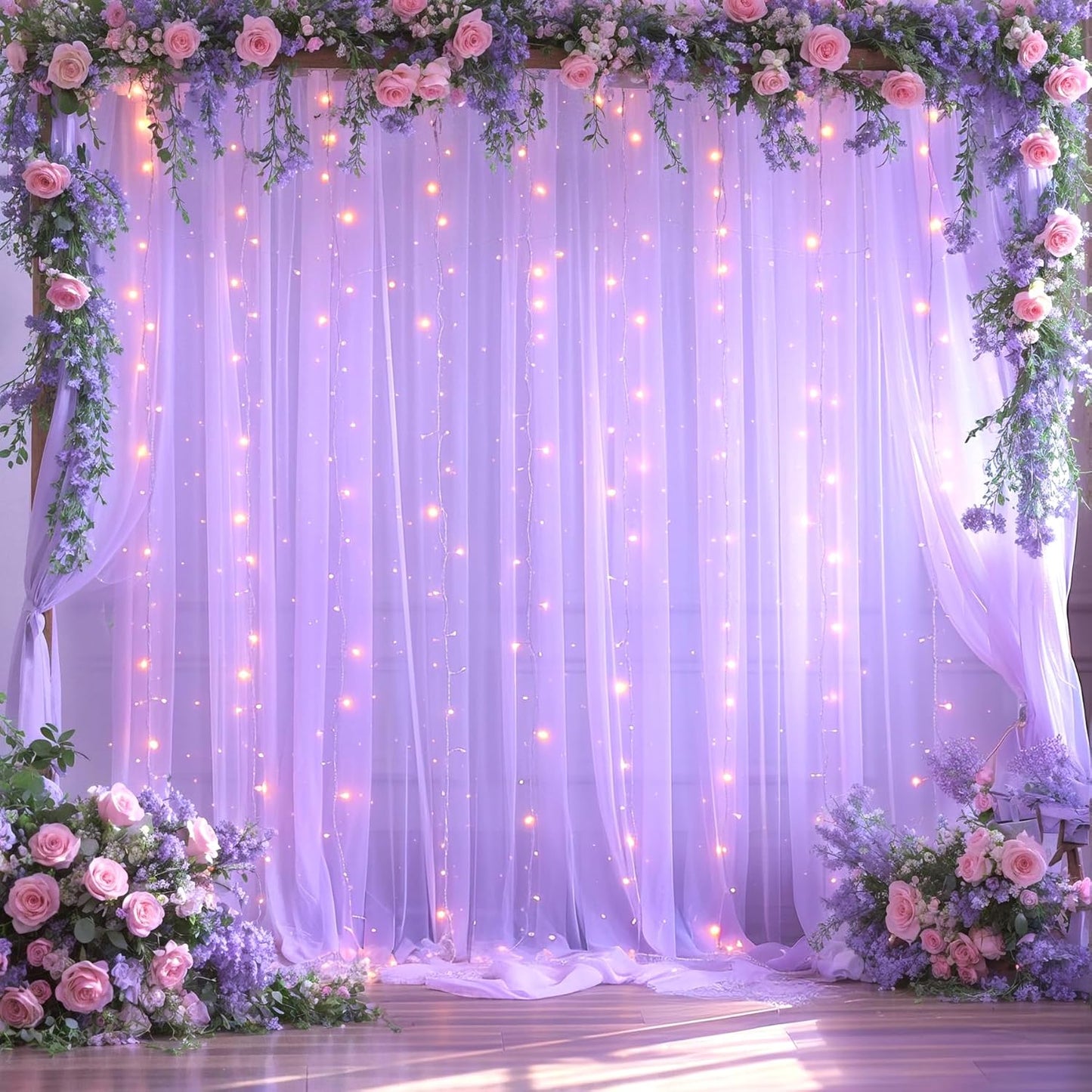 Lavender Tulle Backdrop Curtain with Lights String for Wedding Baby Shower 20×10ft Lavender Sheer Backdrop Curtain for Bridal Shower Birthday Party Photoshoot Background Decorations(4 Panels 5×10ft)