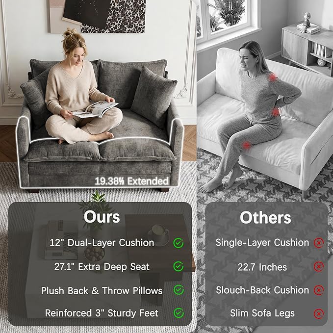 52'' Loveseat Sofa with Ottoman, Cloud Sofa Couch with 27" Deep Seat & 2 Pillows - Image 5