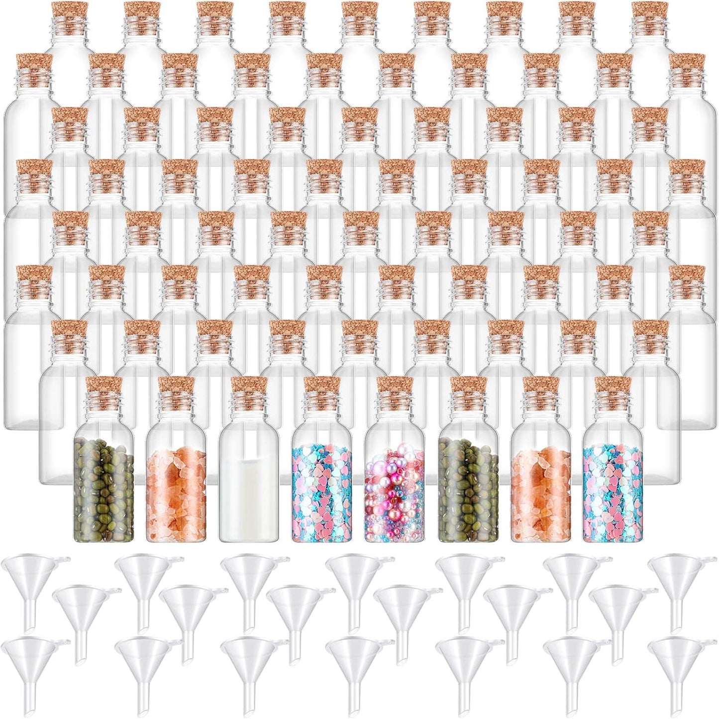 Sabary 100 Pack 1oz Plastic Potion Bottles with Cork Stoppers Mini Sand Art Bottles Tiny Cork Vial Small Jar with Funnel for Art DIY Craft, Essential Oil, Message, Wedding Party Favor