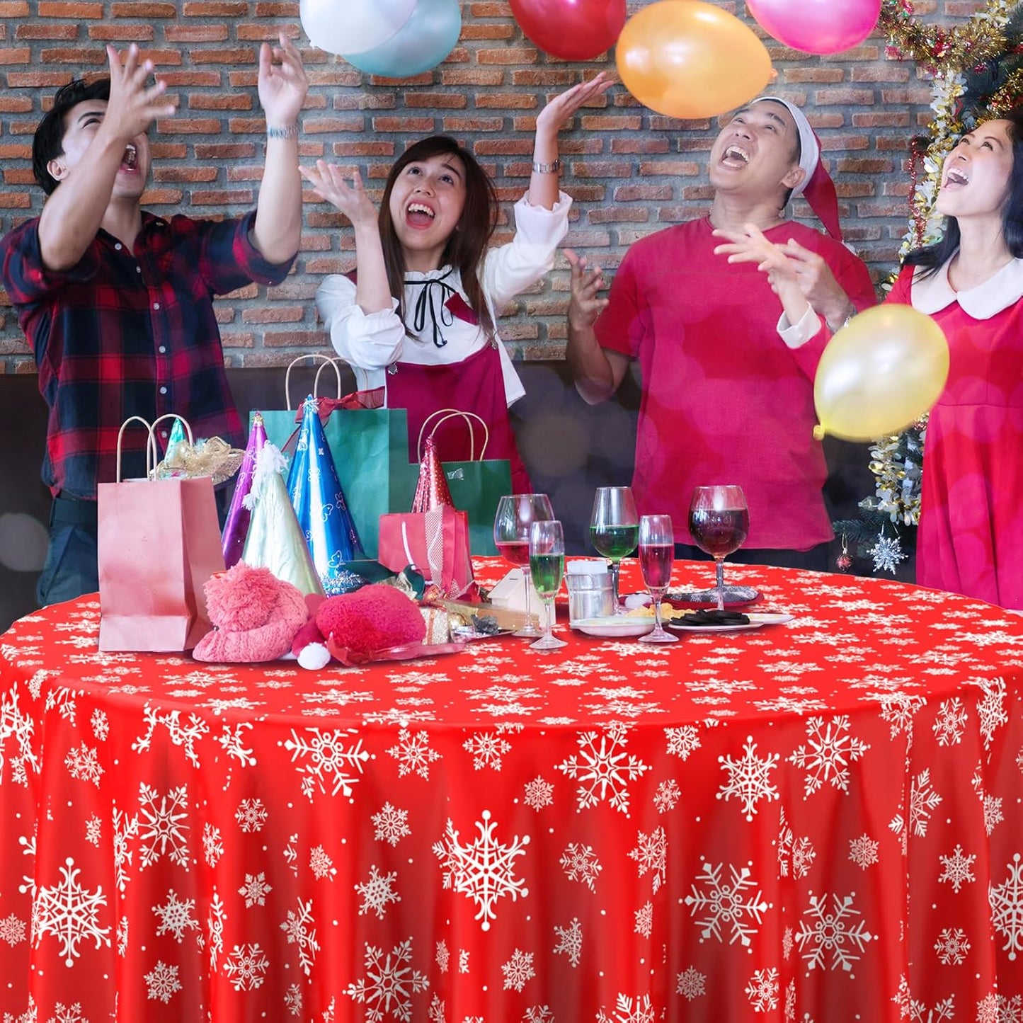 12 Pieces Christmas Snowflake Plastic Party Tablecloth Decorations, Disposable White Snowflake Red Xmas Round Table Cover Backdrop for Winter Christmas Holiday New Year Party Supplies,84 inch (Red)