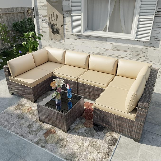 Kullavik 7 Pieces Outdoor Patio Furniture Set, Sectional Rattan Sofa Set Brown - Image 2
