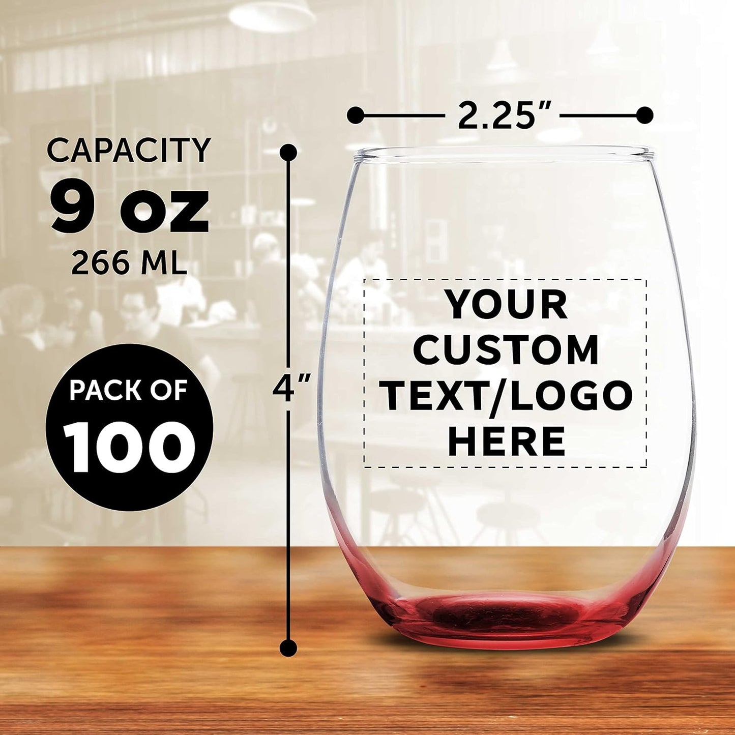 Custom Stemless Wine Glass 9 oz. Set of 100, Personalized Bulk Pack - Great for Wedding Favors, Bachelorette Party Decorations, Party Favors, Color Bottom - Red