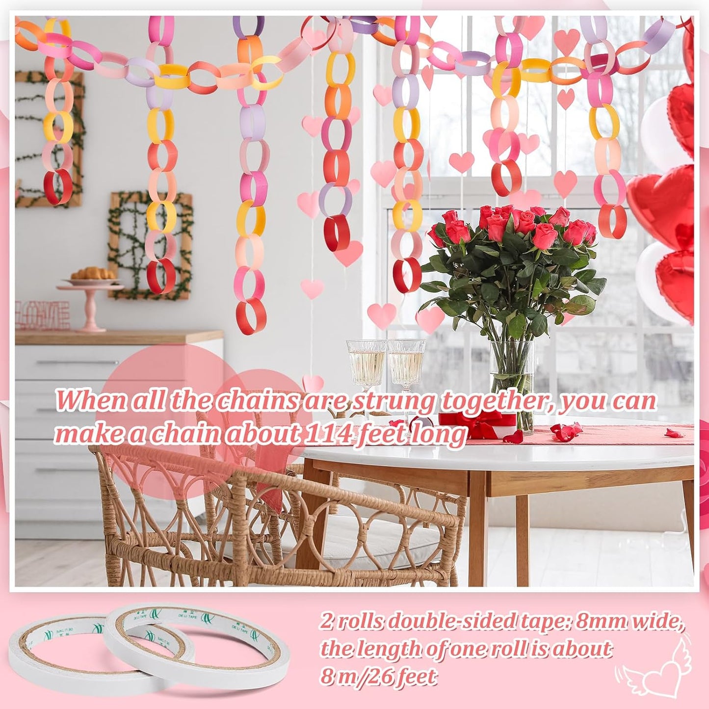 Lincia 600 Sheet Halloween Paper Chain Garland, Construction DIY Crafts Chain Strip for Fall Thanksgiving Party Decor, 1x8 Inch with Double Sided Tape (Valentine)