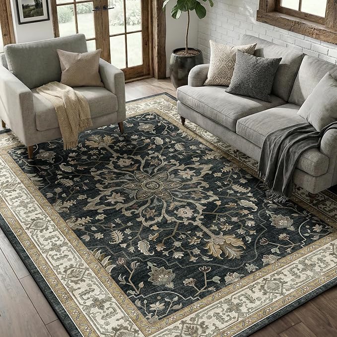 RELEANY Area Rugs 5'x7' Washable Non-Slip, Floral Vintage Distress Print by RELEANY