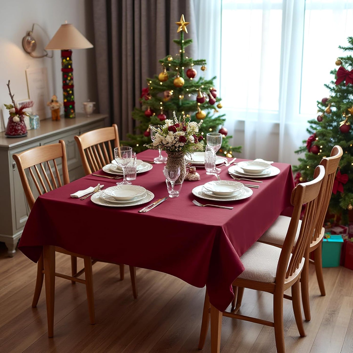 sancua Square Tablecloths 54x54 Inch Burgundy - Fabric Table Cloth for Square or Round Tables, Washable Polyester Table Cover for Christmas Dinner, Holiday Party, Decorative Display Tables