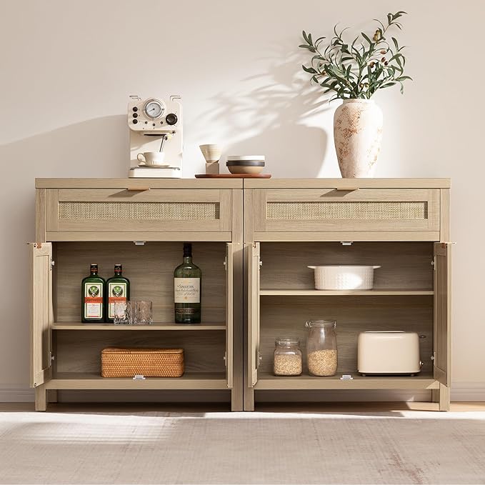 SICOTAS Sideboard Buffet Storage Cabinet Set of 3, Rattan Credenza Buffet Table - Image 7