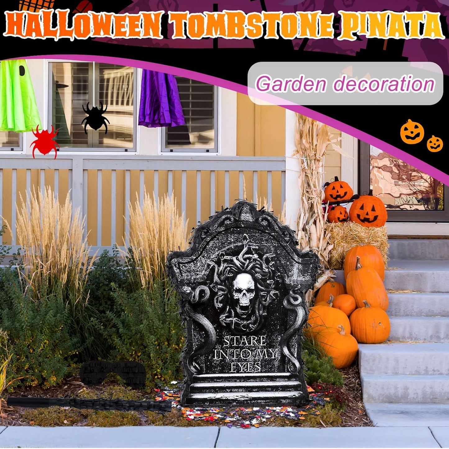 Halloween Tombstone Piñata Halloween Confetti Spooky Ghost Piñata with Stick Paper Eye Mask for Party Birthday Parties Events Themed Fillable for Candy Treat (Tombstone)