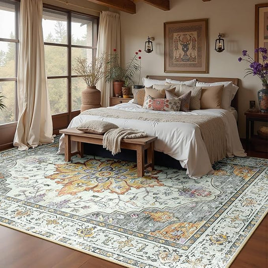 RELEANY Area Rugs 7'x9' Washable Non-Slip, Floral Vintage Distress Print by RELEANY