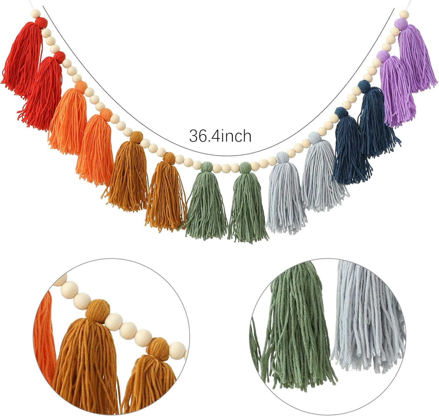Boho Tassel Garland Wall Hanging with Wood Beads Colorful Tassel for Kids Room Bedroom Classroom Nursery Dorm Decorations