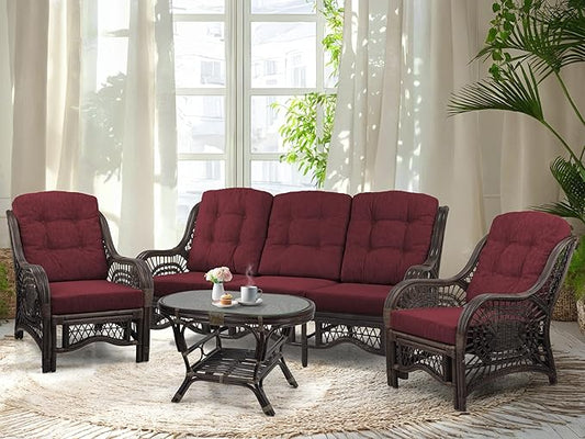 Malibu Lounge Set of 4: 2 Natural Rattan Wicker Chairs, Three-Seater Sofa by Wickerix