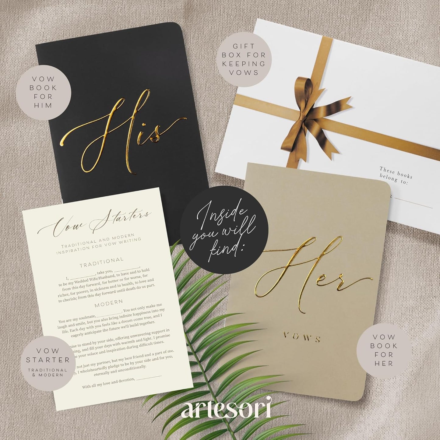 ARTESORI Wedding Vow Book for Her & Him, Soft Touch, Gold Engraving, 28 Lined Pages, Wedding Vow Books His and Hers, Wedding Essentials, Wedding Registry Gifts, His and Hers Gifts [Beige & Black]