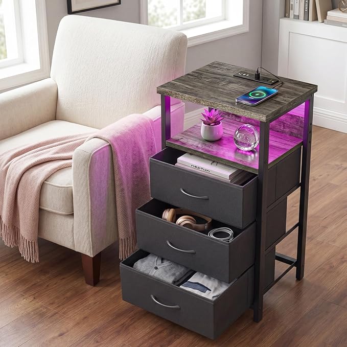 Fixwal Night Stand with Charging Station, LED Nightstand with U-S-B Ports and - Image 6